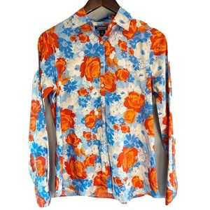 Lands End Womens Button Up Collared Floral Tropical Top No Iron‎ Supima Size 4